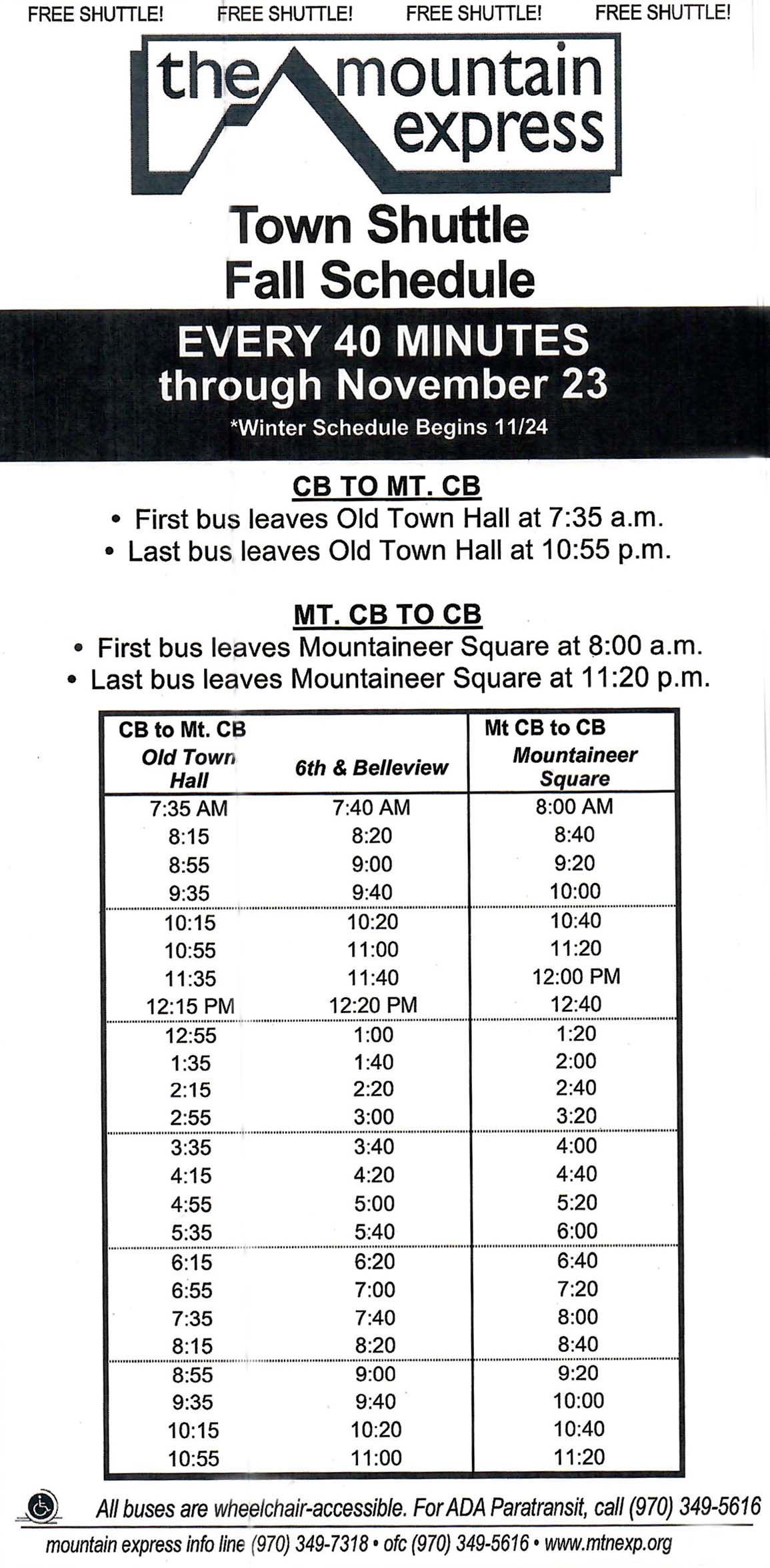 Mountain Express Free Bus Schedule - Fall 2022